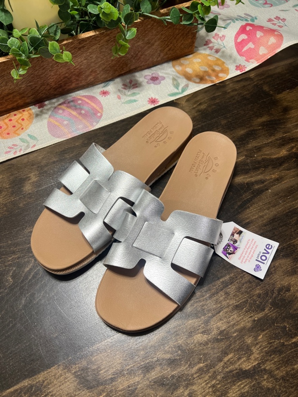BOBS Sketchers Silver Slide Sandals - Metallic Leather Upper